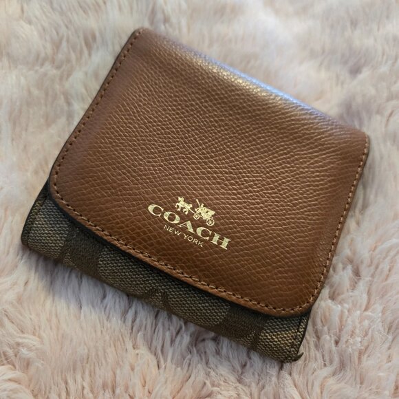 Coach Handbags - Coach Signature Coated Canvas Trifold Wallet w/ Coin Pocket F53837 Khaki/Saddle